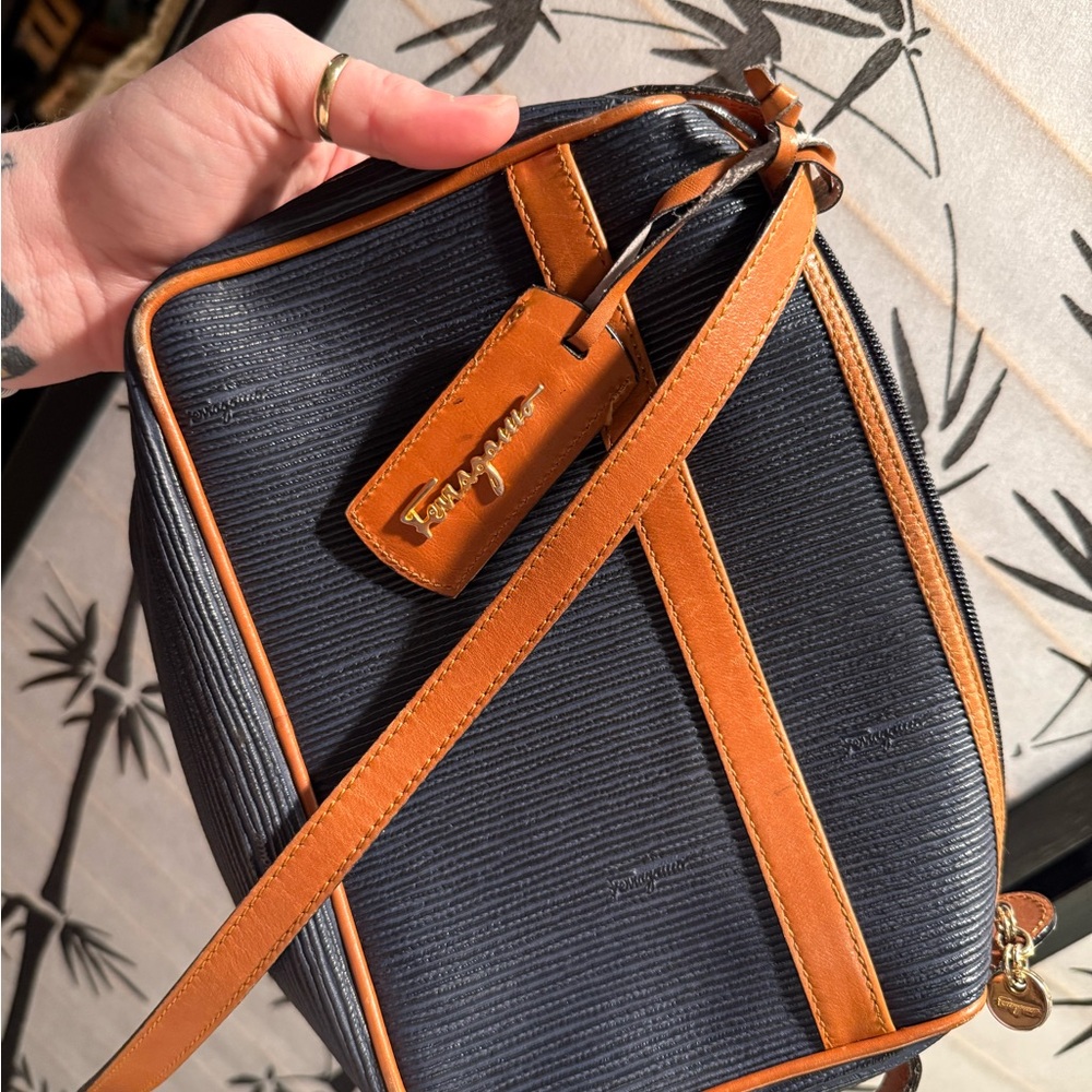 Salvatore Ferragamo Navy and Brown Crossbody Bag authentic used vintage